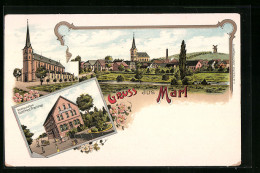 Lithographie Marl, Restaurant Gottfried Frentrop, Kirche, Totalansicht  - Marl