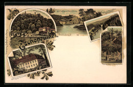 Lithographie Lichtenwalde, Schloss, Harrafelsen M. Körnerkreuz, Zschopauthal  - Zschopau