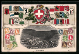 AK Einsiedeln, Totalansicht, Wappen Der Schweizer Kantone  - Einsiedeln