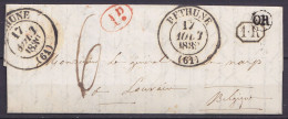 LAC Càd BETHUNE /17 AOUT 1838 Pour LOUVAIN - Griffes [1.R] & (1d.) - Boîte "OR" - Port "6" (au Dos: Càd LILLE + Passage  - 1830-1849 (Belgio Indipendente)