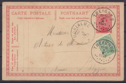 EP CP 10c Rouge (N°138) + N°137 De MAZEE Càd TREIGNES /8 II 1921 Pour Notaire à MORIALME - Cartes Postales 1909-1934