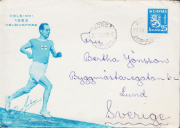 1952. FINLAND. Beautiful Envelope With Olympic Motives In Blue Print HELSINKI 1952 With 25 Ma... (Michel 405) - JF547719 - Covers & Documents