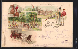 Lithographie Iffezheim, Badener Jubiläums-Rennen 1898, Rückfahrt Vom Rennen, Herr Und Jockey  - Paardensport