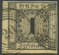 BADEN 1a O, 1851, 1 Kr. Schwarz Auf Sämisch, Linke Untere Bogenecke, Nummernstempel 20 (BUCHEN), Oberer Und Rechter Rand - Autres & Non Classés
