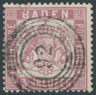 BADEN 16 O, 1862, 3 Kr. Rosakarmin, Nummernstempel 92, Pracht, Gepr. Englert, Mi. 350.- - Gebraucht