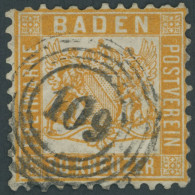 BADEN 22a O, 1862, 30 Kr. Lebhaftgelborange, Nummernstempel 109, Diverse Kleine Mängel, Nicht Repariert, Feinst, Gepr. S - Gebraucht