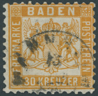 BADEN 22a O, 1862, 30 Kr. Lebhaftgelborange, Geprüft Brettl: Rechts Unten Leicht Repariert, Rechts Senkrechter Knick, Mi - Oblitérés