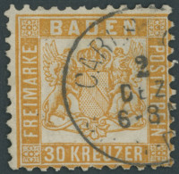 BADEN 22a O, 1862, 30 Kr. Lebhaftgelborange, K1 CARLSRUHE, Repariert Wie Pracht, Gepr. Bühler, Mi. (3200.-) - Gebraucht