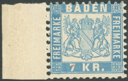 BADEN 25b , 1871, 7 Kr. Hellblau, Linkes Randstück, Postfrisch, Pracht, Gepr. W. Engel, Mi. 110.- - Mint