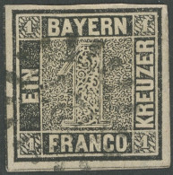 BAYERN 1Ia O, 1849, 1 Kr. Schwarz, Platte 1, Mühlradstempel 127, Minimale Knitterspuren Sonst Vollrandig, Pracht, Mehrfa - Afgestempeld