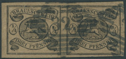 BRAUNSCHWEIG 4 Paar O, 1856, 1/4 Ggr. Schwarz Auf Hellbraun Im Waagerechten Paar, Nummernstempel 32 (LUTTER), Linke Mark - Brunswick