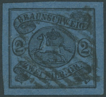 BRAUNSCHWEIG 7a O, 1853, 2 Sgr. Schwarz Auf Blau, Allseits Riesenrandig, Pracht, Mi. (80.-) - Braunschweig