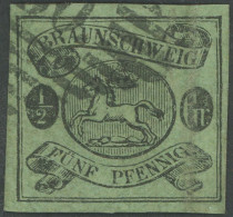 BRAUNSCHWEIG 10Ax O, 1863, 1/2 Gr. Schwarz Auf Lebhaftgraugrün, Nummernstempel 30 (Langelsheim), Feinst (leichte Mängel) - Brunswick