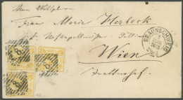 BRAUNSCHWEIG 14A BRIEF, 1865, 1 Sgr. Gelbocker, Durchstochen 16, Im Dreierblock Von BRAUNSCHWEIG Nach Wien, Obere Marke  - Brunswick