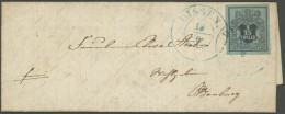 HANNOVER 4 BRIEF, 1854, 1/15 Th. Schwarz Auf Graublau, Breitrandiges Prachtstück Mit Blauem K2 DISSEN Auf Kleinem Brief  - Hanover