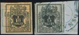 HANNOVER 11/2 BrfStk, 1856, 1/15 Th. Schwarz/grauultramarin Und 1/10 Th. Schwarz/gelb, 2 Prachtbriefstücke, (Mi. 150.-) - Hanover
