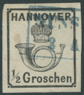 HANNOVER 17y O, 1860, 1/2 Gr. Schwarz, Blauer R2 WUNSTORF, Pracht, Fotobefund Berger, Mi. 250.- - Hanover