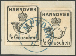 HANNOVER 17y BrfStk, 1860, 1/2 Gr. Schwarz, 2x Auf Briefstück, Blauer K1 MÜNDEN, Rechte Marke Rechts Unten Berührt Sonst - Hanover