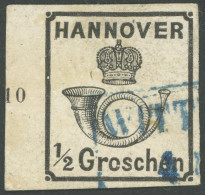 HANNOVER 17yII O, 1860, 1/2 Gr. Schwarz Mit Plattenfehler O In Groschen Gebrochen, Linkes Randstück Mit Reihenzähler 10, - Hanovre