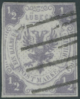 LÜBECK 1 O, 1859, 1/2 S. Dunkelviolettgrau, Kleiner Eckfehler Unten Links Und Obere Rechte Ecke Etwas Knapp Sonst Farbfr - Luebeck