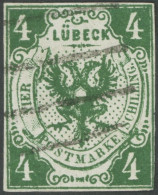 LÜBECK 5a O, 1859, 4 S. Dunkelgrün, Kleine Mängel, Feinst, Fotobefund Mehlmann, Mi. 750.- - Lübeck