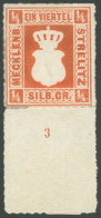 MECKLENBURG-STRELITZ 1a , 1864, 1/4 Sgr. Schwärzlichorange Mit Breitem Unterrand (23mm) Mit Reihenzahl 3, Starke Falzres - Mecklenbourg-Strelitz