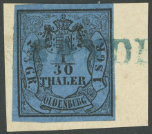 OLDENBURG 2I BrfStk, 1853, 1/30 Th. Schwarz Auf Lebhaftgrauultramarin, Type I, Blauer L1 SANDE, Prachtbriefstück - Oldenburg