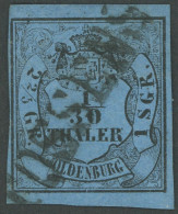 OLDENBURG 2IV O, 1852, 1/30 Th. Schwarz Auf Lebhaftgrauultramarin, Type IV, Diagonaler L1 TOSSENS, Dünne Stellen, Bildse - Oldenburg