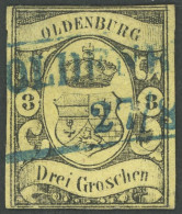 OLDENBURG 8 O, 1859, 3 Gr. Schwarz Auf Graugelb, Blauer R2 OLDENBURG, Feinst (rückseitige Schürfung), Kurzbefund Stegmül - Oldenburg