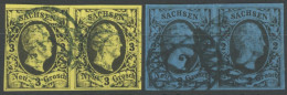 SACHSEN 6,7 Paar O, 1851/2, 3 Ngr. Schwarz Auf Mittelolivgelb Und 2 Ngr. Schwarz Auf Mittelblau, Je Im Waagerechten Paar - Saxony