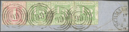 THURN Und TAXIS 36,38 BrfStk, 1865, 1/3 Sgr. Dunkelgelblichgrün, 3-mal Als Streifen Geklebt Mit 1 Sgr. Karminrot Auf Bri - Altri & Non Classificati