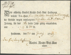 WÜRTTEMBERG 1789, HEILBRONN, Ortsdruck Auf Postschein, Pracht - Precursores