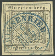 WÜRTTEMBERG 1a O, 1851, 1 Kr. Schwarz Auf Hellsämisch, Type I, Zentrischer Blauer K2 SCHUSSENRIED, Kabinett, Gepr. Irten - Otros & Sin Clasificación