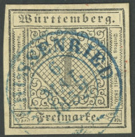 WÜRTTEMBERG 1a O, 1851, 1 Kr. Schwarz Auf Hellsämisch, Type I, Zentrischer Blauer K2 SCHUSSENRIED, Kabinett, Gepr. Irten - Autres & Non Classés