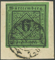WÜRTTEMBERG 3y BrfStk, 1851, 6 Kr. Schwarz Auf Grün, Seidenpapier, Prachtbriefstück, Gepr. Klinkhammer, Mi. 120.- - Altri & Non Classificati