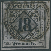 WÜRTTEMBERG 5I O, 1851, 18 Kr. Schwarz Auf Bläulichviolett, Type I, Schwarzer K3, Oben Links Etwas Knapp Sonst Voll-brei - Usati