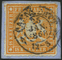 WÜRTTEMBERG 34 BrfStk, 1867, 18 Kr. Orangegelb, K1 CANNSTATT, Prachtbriefstück, Gepr. U.a. Drahn, Mi. (1000.-) - Afgestempeld