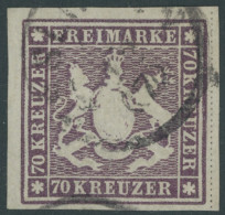 WÜRTTEMBERG 42a O, 1873, 70 Kr. Braunlila, Voll-breitrandig, Rechts Eine Natürliche Papierknitterung, Farbfrisches Prach - Afgestempeld
