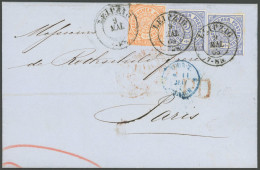 NDP 3,5 BRIEF, 1868, 1/2 Gr. Orange Und 2x 2 Gr. Blau Auf Brief Von LEIPZIG Nach Paris, Pracht - Lettres & Documents