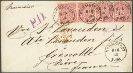 NDP 9 BRIEF, 1868, 3 Kr. Mittelrötlichkarmin, Dreierstreifen Und Einzelmarke Auf Brief Von DARMSTADT Nach Grenoble, Viol - Lettres & Documents