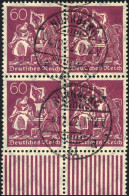 Dt. Reich 184 VB O, 1922, 60 Pf. Schwärzlichrosalila, Wz. 2, Im Viererblock Vom Unterrand, Pracht, Gepr. Infla - Gebruikt