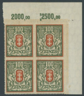 FREIE STADT DANZIG 101X PI VB , 1922, 100 M. Dunkelzinnoberrot/dunkelgrünoliv, Wz. 2, Im Oberen Rechten Eckrandviererblo - Mint