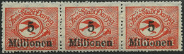 FREIE STADT DANZIG 180FI , 1923, 5 Mio. Auf 10000 M. Statt 50000 M. Lebhaftrot, Im Waagerechten Dreierstreifen Mit 2 Nor - Postfris