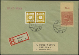 MEISSEN 38aB BRIEF, 1945, 12 Pf. Braunrot Wiederaufbau, Ungezähnt, Oberrandstück, Mit Zusatzfrankatur Auf Kempe-Einschre - Andere & Zonder Classificatie