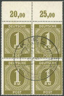 ALLIIERTE BES. 937P VB O, 1946, 1 RM. Braunoliv, Plattendruck, Im Oberrandviererblock, Durchgezähnt, Zentrischer Sonders - Andere & Zonder Classificatie