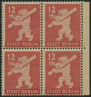 BERLIN UND BRANDENBURG 5AAwax VB , 1945, 12 Pf. Mittelkarminrot, Graurosa Papier, Glatter Gummi, Im Randviererblock, Pra - Berlino & Brandenburgo