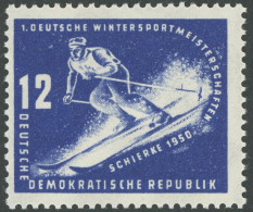 DDR 246I , 1950, 12 Pf. Wintersportmeisterschaften Mit Abart Senkrechter Blauer Strich Oben Im Dunklen Teil Des Skistock - Other & Unclassified