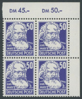 DDR 337 VB , 1952, 50 Pf. Marx Im Rechten Oberen Eckrandviererblock, Postfrisch, Pracht, Mi. (129.-) - Andere & Zonder Classificatie
