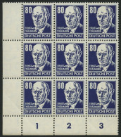 DDR 339PFIII , 1952, 80 Pf. Thälmann Mit Plattenfehler Fleck Am Kinn Und Strich Am Kragen (Feld 73) Im Neunerblock Aus D - Used Stamps