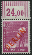 BERLIN 29WOR , 1949, 40 Pf. Rotaufdruck, Walzendruck, Oberrandstück, Pracht, Gepr. D. Schlegel, Mi. 400.- - Unused Stamps